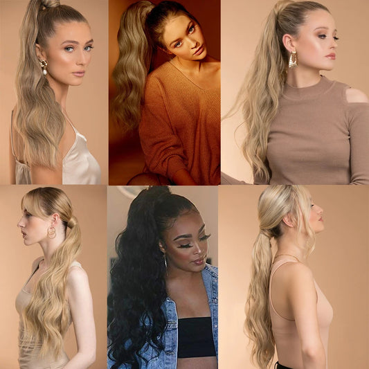 MERISI Synthetic Long Hollywood Wave Ponytail Wrap Around Ponytail Body Wave Clip in Hairpiece Blonde Wave Ponytail for Women