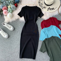 OCEANLOVE Korean Knitted Robe Femme Summer V Neck Sleeveless Kink Hollow Out Sexy Slim Bodycon Dress Split Fork Long Vestidos