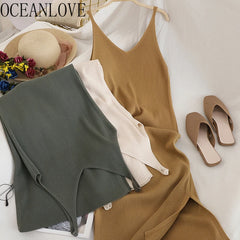 OCEANLOVE Korean Knitted Robe Femme Summer V Neck Sleeveless Kink Hollow Out Sexy Slim Bodycon Dress Split Fork Long Vestidos