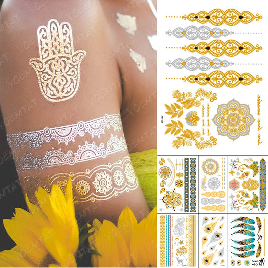 Gold Haina Henna Waterproof Temporary Tattoo Stickers Woman Sexy Transfer Tatto Hand Silver Bridal Jewelry Arm Fake Tattoos Girl