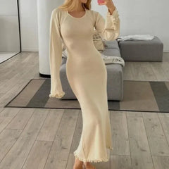 Fashion Flared Sleeves Lace Hem Maxi Dress Lady Elegant Solid Back Lace Up Long Dress Female Casual Streetwear Club Party Robes