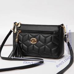 Double Zipper Crossbody Bag 2024 New Fashion PU Diamond Lattice Shoulder Bag Tassel Decoration More Zipper Pocket Large Capacity