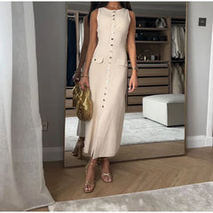 Elegant Single Breasted Knitted Long Dress Women Fashion O Neck Sleeveless Fake Pockets Dresses 2024 New Lady Chic Commute Robes