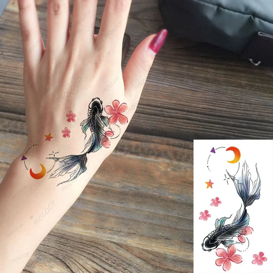 Tattoo Stickers Luckly Fish Whale Tail Moon Flower Fake Tatto Waterproof Temporary Hand Tatoo for Women Men Makeup Art