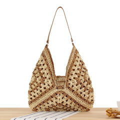 Women Straw Tote Bag Large Capacity Vintage Vacation Shoulder Bag Everything Casual Handbag Designer Hollow Summer Beach Bag