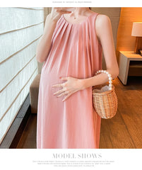 2024 Pregnant women's Pleated Dress Sleeveless Solid Color Long Loose Maternity Holiday Clothes Plus Size Pregnancy Beach Dress