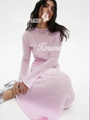 Hirsionsan Spring Autumn O-Neck Elastic Knit Long Dresses Women 2024 Elegant Chic Soft Lady Hollowing Sweater Dresses Femme New