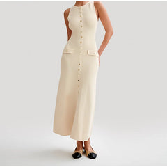 Elegant Women Single Breasted Fake Pockets Knitted Long Dress Fashion O Neck Sleeveless Slim Dresses 2024 New Lady Commute Robes