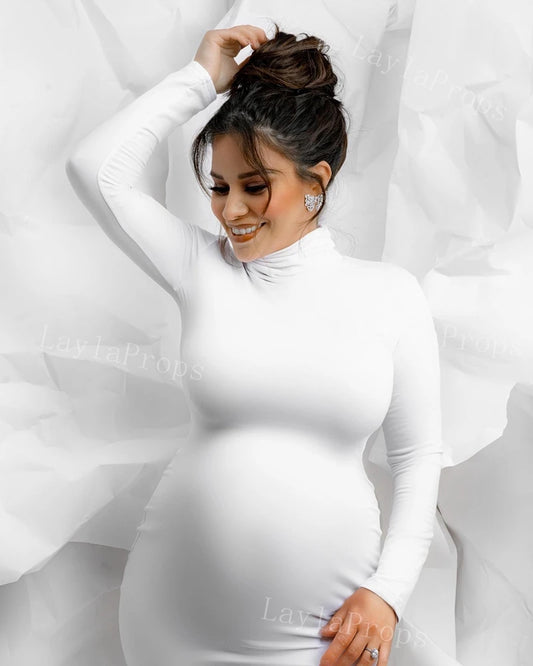 Maternity Long Sleeve Dresses For Photo Shoot Pleated Blouson Midi Dress Women Party Photography Pregnant Baby Shower Clothes