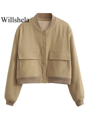 Willshela Women Fashion Solid Bomber Jackets Coat With Pockets V-Neck Single Breasted Long Sleeves Female Chic Lady Outfits