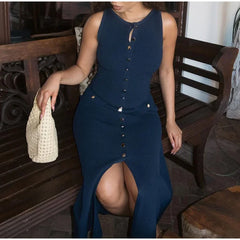 Elegant Single Breasted Knitted Long Dress Women Fashion O Neck Sleeveless Fake Pockets Dresses 2024 New Lady Chic Commute Robes