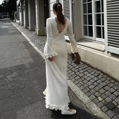 Fashion Flared Sleeves Lace Hem Maxi Dress Lady Elegant Solid Back Lace Up Long Dress Female Casual Streetwear Club Party Robes