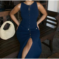 Elegant Women Single Breasted Fake Pockets Knitted Long Dress Fashion O Neck Sleeveless Slim Dresses 2024 New Lady Commute Robes