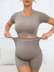 Women's Maternity 2 Piece Seamless Short Sleeve Crop Top Legging Sets Workout Casual