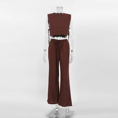 Spring Summer 2023 Women Holiday Linen Pant Set Crop Tops Solid Outfits 2 Two Piece Matching Set For Women