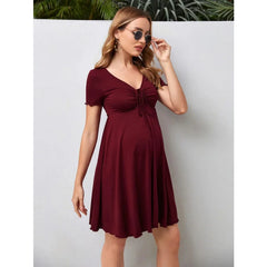 Maternity Clothes Dresses Summer Pure Colour V-neck Women Dress Loose Plus Size Pregnant Skirts Casual Clothing