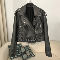 New Spring Woman Faux Leather Jacket Chic Vintage American street wear Short Lapel Zipper Belt Biker Coats Fashion Streetwear