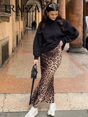 TRAFZA 2024 Women Fashion Leopard Print Skirt Vintage High Waist Midi Skirts Elegant Women Summer Casual Streetwear Skirt