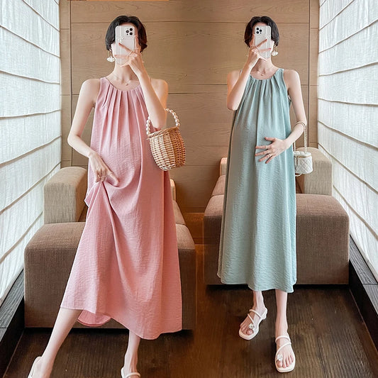 2024 Pregnant women's Pleated Dress Sleeveless Solid Color Long Loose Maternity Holiday Clothes Plus Size Pregnancy Beach Dress