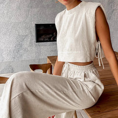 Spring Summer 2023 Women Holiday Linen Pant Set Crop Tops Solid Outfits 2 Two Piece Matching Set For Women