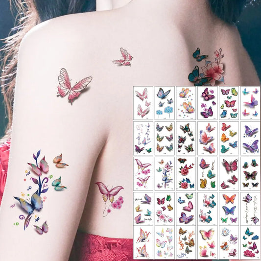 30pcs Waterproof Temporary Tattoo Sticker 3D Color Butterfly Rose Flower Feather Fake Tatto Tatoo Body Art For Girl Women Men