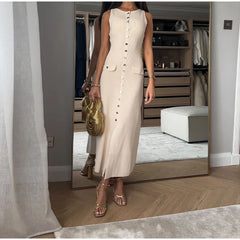 Elegant Women Single Breasted Fake Pockets Knitted Long Dress Fashion O Neck Sleeveless Slim Dresses 2024 New Lady Commute Robes