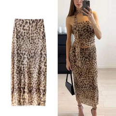 TRAF Leopard Print Tulle Skirt Woman Vintage High Waist Long Skirts For Women Summer Mesh Midi Skirt Elegant Women's Skirts