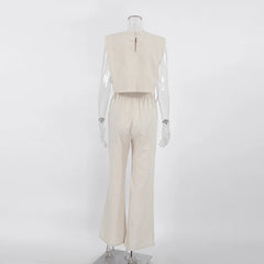 Spring Summer 2023 Women Holiday Linen Pant Set Crop Tops Solid Outfits 2 Two Piece Matching Set For Women