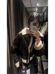 2024 traf Winter Women's street wear faux sheepskin fur bomber jacket with belt motorcycle thick warm sheepskin overcoat jacket