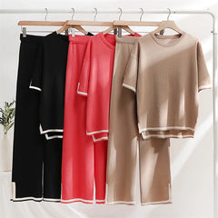 2 Piece Pajama Sets Women Loungewear Knit Summer Two Piece Set Women Casual Slit Short Sleeve Knitted Two Piece Sets Women 2024