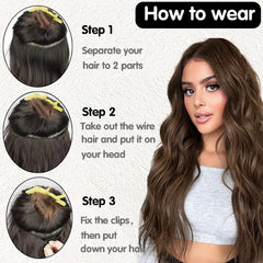 MERISIHAIR Invisible Wire Hair Extensions with Adjustable Transparent Wire Synthetic Long Wavy Hairpieces with 4 Secure Clips