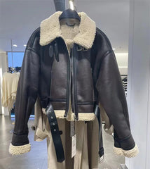 2024 traf Winter Women's street wear faux sheepskin fur bomber jacket with belt motorcycle thick warm sheepskin overcoat jacket