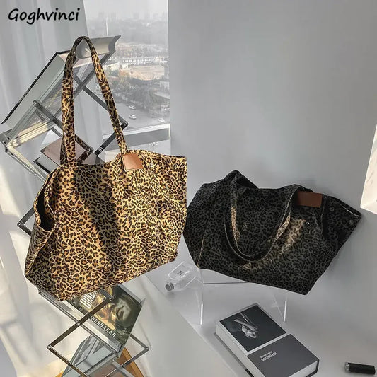 Women Shoulder Bags Canvas Totes Vintage Leopard Large Capacity Elegant Ladies Daily Leisure Handbags Designer Shopping Pouch