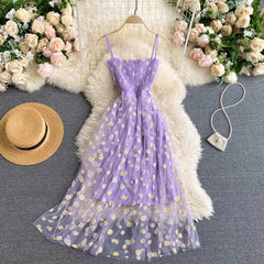 YuooMuoo Women Dress 2024 New Korean Fashion Floral Print Spaghetti Straps Mesh Party Dress Vacation Style Lady Beach Vestidos