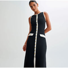 Elegant Women Single Breasted Fake Pockets Knitted Long Dress Fashion O Neck Sleeveless Slim Dresses 2024 New Lady Commute Robes