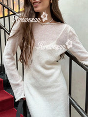 Hirsionsan Spring Autumn O-Neck Elastic Knit Long Dresses Women 2024 Elegant Chic Soft Lady Hollowing Sweater Dresses Femme New