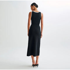 Elegant Women Single Breasted Fake Pockets Knitted Long Dress Fashion O Neck Sleeveless Slim Dresses 2024 New Lady Commute Robes