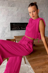 Spring Summer 2023 Women Holiday Linen Pant Set Crop Tops Solid Outfits 2 Two Piece Matching Set For Women