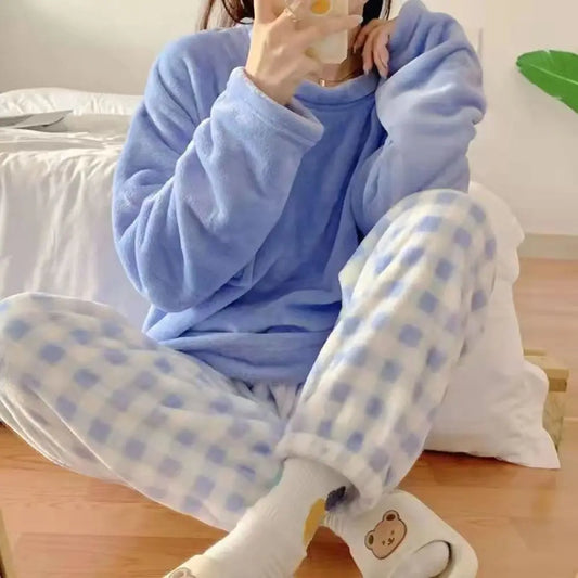 Fleece Thick Warm Women's Pajamas Set Winter Sleepwear Casual Solid Top and Plaid Pants Soft Pijamas Set for Women Home Suit