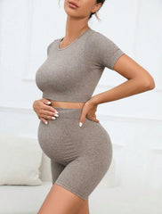 Women's Maternity 2 Piece Seamless Short Sleeve Crop Top Legging Sets Workout Casual