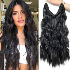 MERISIHAIR Invisible Wire Hair Extensions with Adjustable Transparent Wire Synthetic Long Wavy Hairpieces with 4 Secure Clips