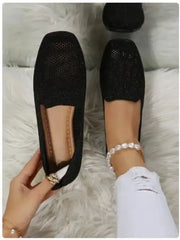 Solid Color Square Toe Mesh Loafers Shallow Women Flats Shoes Soft Bottom Knit Ballet Flats Shoes Casual Slip on Boat Shoes