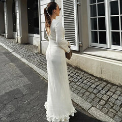 Fashion Flared Sleeves Lace Hem Maxi Dress Lady Elegant Solid Back Lace Up Long Dress Female Casual Streetwear Club Party Robes