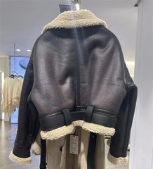 2024 traf Winter Women's street wear faux sheepskin fur bomber jacket with belt motorcycle thick warm sheepskin overcoat jacket