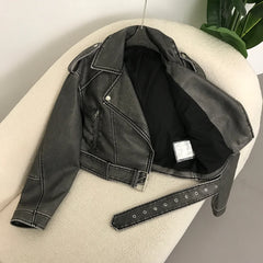 New Spring Woman Faux Leather Jacket Chic Vintage American street wear Short Lapel Zipper Belt Biker Coats Fashion Streetwear