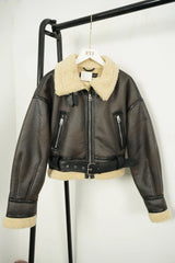 2024 traf Winter Women's street wear faux sheepskin fur bomber jacket with belt motorcycle thick warm sheepskin overcoat jacket