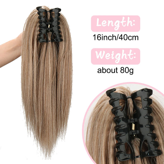 Synthetic Claw Clip On Medium Long Straight Ponytail Extensions 16Inch Fluffy Ponytail Clip In Hair Extensions Elegant For Women