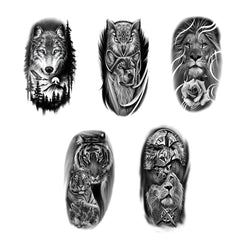 5pcs Wolf Lion Tiger Eagle Waterproof Temporary Tattoo Sticker Realistic Animal Forest Tatto Body Art Women Men Arm Fake Tattoos