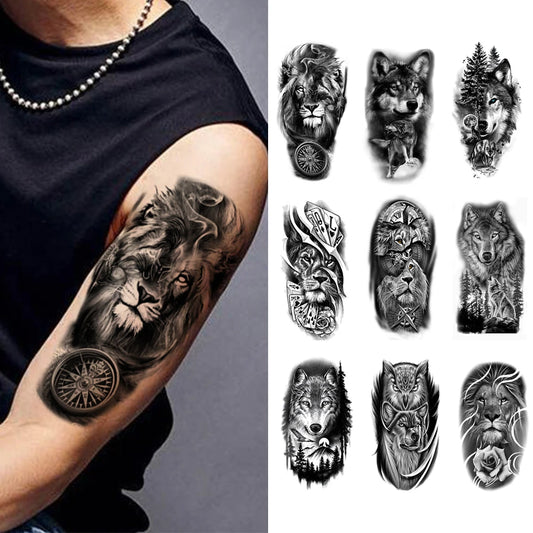 5pcs Wolf Lion Tiger Eagle Waterproof Temporary Tattoo Sticker Realistic Animal Forest Tatto Body Art Women Men Arm Fake Tattoos